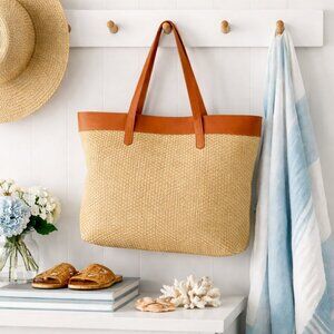 Talbots Large Tote Woven Jute & Genuine Leather Trim Made In Italy